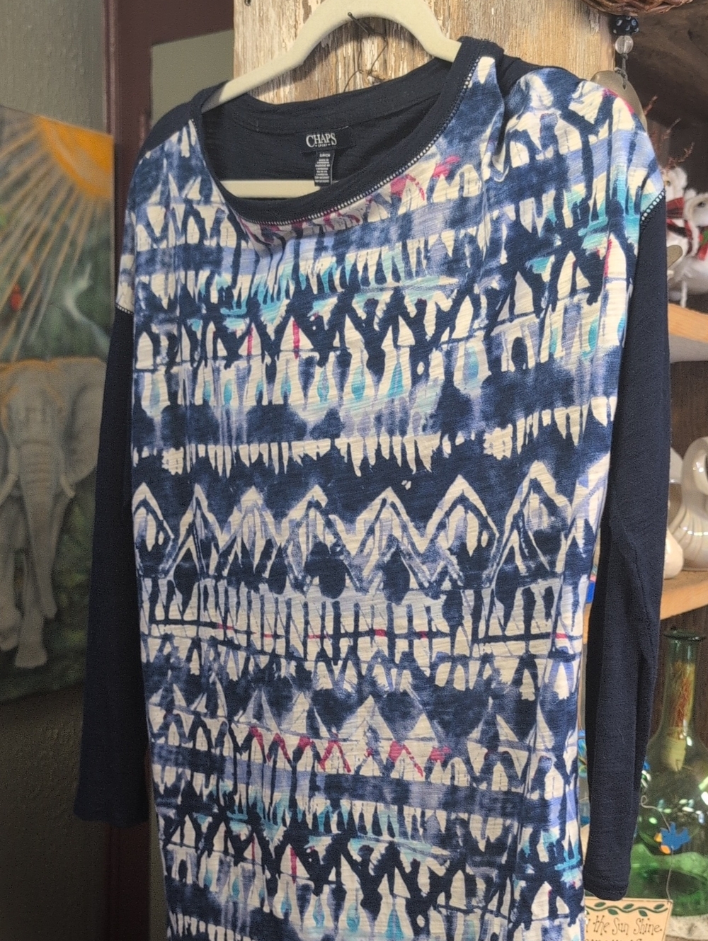 Chaps Navy Multicolor Aztec-Print Long Sleeve Tee